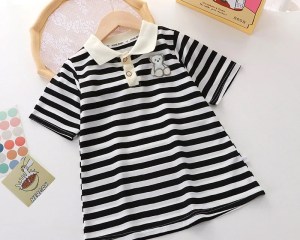 Baby Girls Striped Dress Children Summer Casual T-shirt Gown Kids Turn-down Collar Clothing New Toddler Short Sleeve Dresses