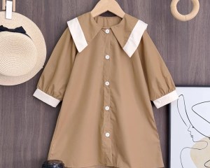 Korean Version Khaki Elegant Dress for Girl Single Breasted Lapel Kids Clothes Long Sleeved Girl Outfits 3-7 Years Old