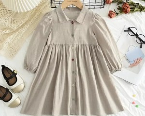Solid Color Kids Clothes Girls Casual Dresses Flip Collar Single Breasted Shirt Dress Basic Simple Cotton Children's Wear