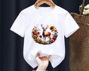 Deer Flowers Animal Printed Tshirt Girls/Boys Kawaii Kids Clothes Fashion Short Sleeve T-Shirt Harajuku Shirt Streetwear