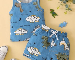 0-3Years Toddler Baby Boy 2PCS Clothes Set Blue Dinosaur Print Sleeveless Top+Shorts Cute Soft Daily Casual Outfit Suit